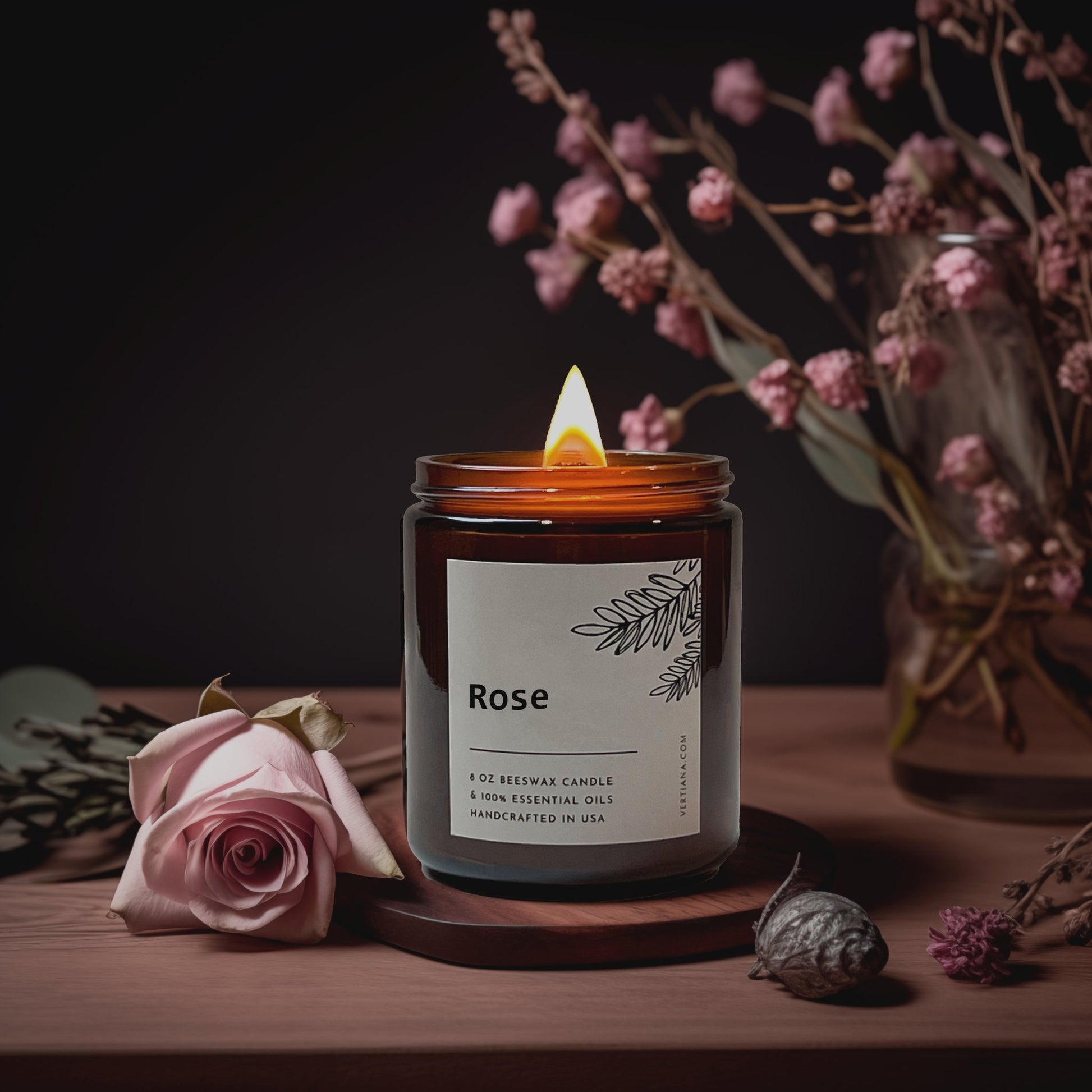 Rose Beeswax Candle with Essential Oil, Wood Wick - VERTIANA